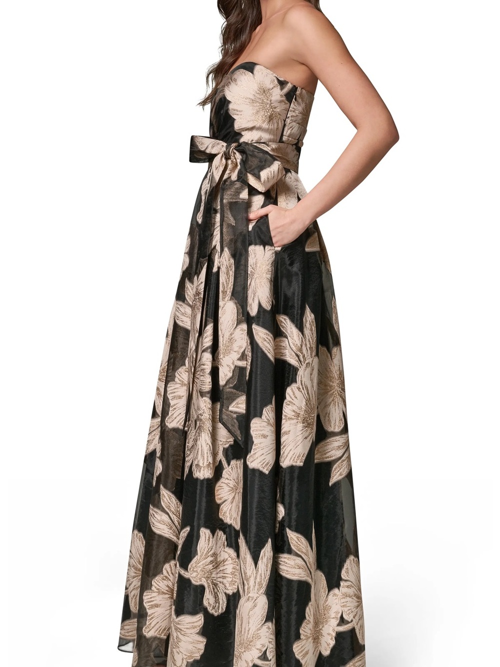 Donna Karan Black Strapless Floral Ball Gown with Cream Blooms - Picture 3 of 5